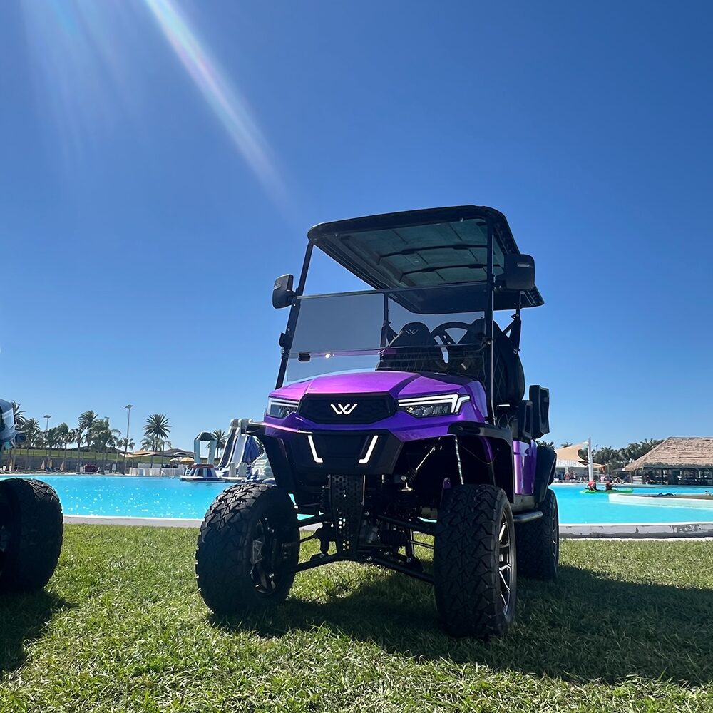 The W7 Golf Cart parked in front of a house in a neighborhood